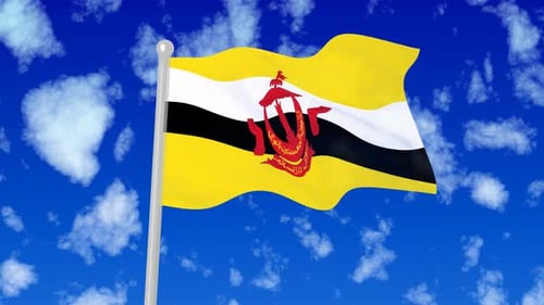 Brunei Darussalam Flag Waving Against a Cloudy Blue Sky