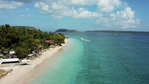 Fly Along White Sand Beach Small Tropical Island
