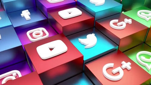 3D Social Media Icons on Colorful Metallic Cubes Background