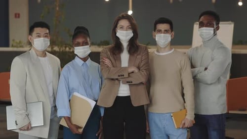 Portraits of Business Multicultural Group Standing at Office with Crossed Arms Wearing Surgical