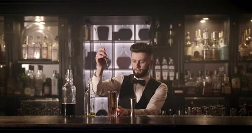 Professional Bartender Preparing Delicious Cocktail Drink at Bar
