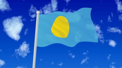 Animated National Flag of Palau Waving Against Blue Sky