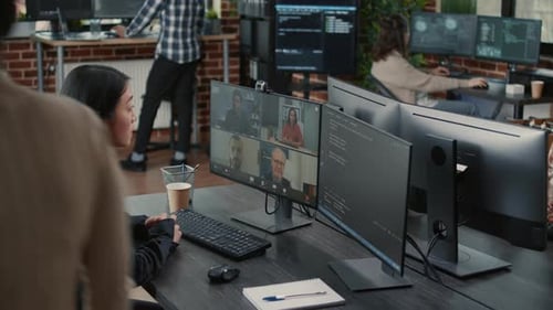 Software Company Employee in Video Call Conference with Client Team Discussing Coding Project