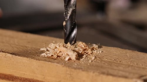 Drill Boring into Wood Close Up