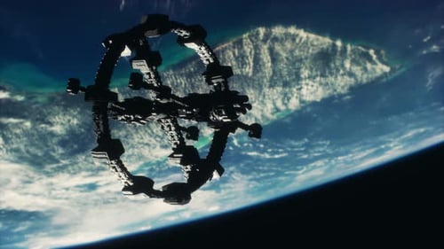Futuristic Space Station Orbiting Earth Planet