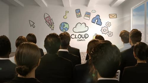 Empresários olhando para a tela digital mostrando a computação em nuvem