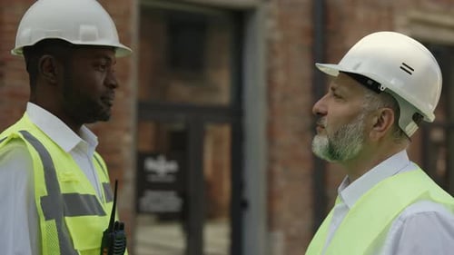 Side View of Engineers Talking at Outdoor Construction Site