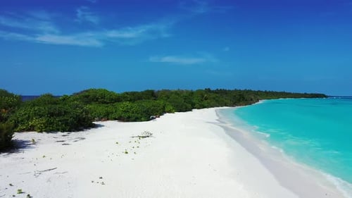 Wide flying abstract view of a sunshine white sandy paradise beach and blue sea background