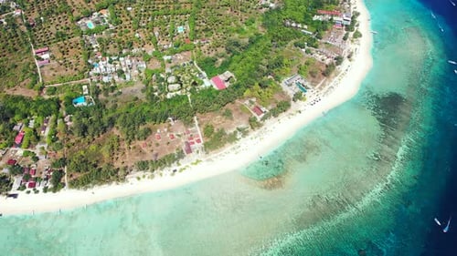 Tropical drone abstract view of a white sandy paradise beach and aqua blue ocean background in color