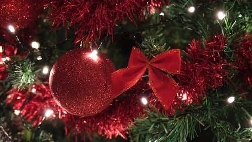 Christmas Tree Decorated with Ornaments, Tinsel and Lights