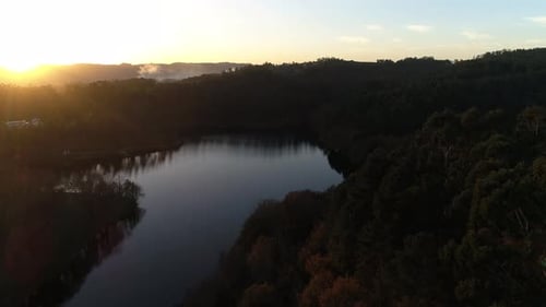 Epic Nature Panorama Sun Rising Over Beautiful Forest Valley Reflecting in Small River