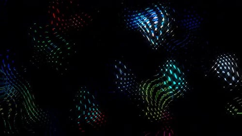 3D leuchtende helle Punkte setzen Wellenbewegung, bunt, auf schwarzem Hintergrund