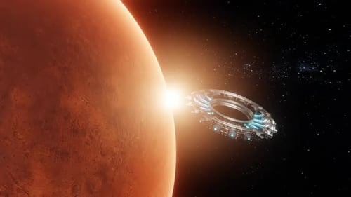 Futuristic Spaceship Orbiting Red Planet with Bright Light Effect