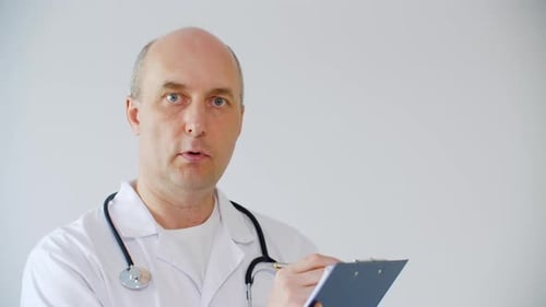 Male Doctor Writing Medical Form While Patient Interview on Remote Consultation. Therapist