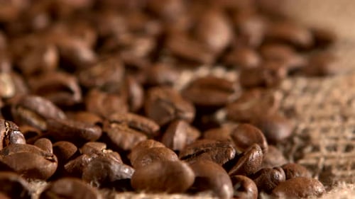 Coffee Beans on Burlap Sacking Background and Dynamic Change of Focus, Rotation, Close Up