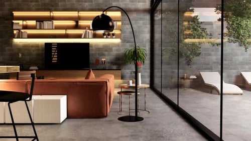 3d rendering. Interior house modern open living space with kitchen.