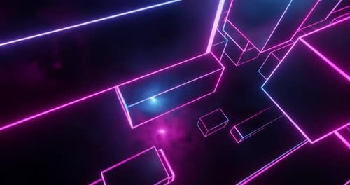 Video Game, Virtual Reality race flyby inside a retro neon cyber city.