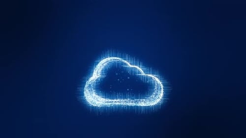 Logo de almacenamiento de nubes de partículas azules con tecnología futurista, rotación circular, fondo abstracto