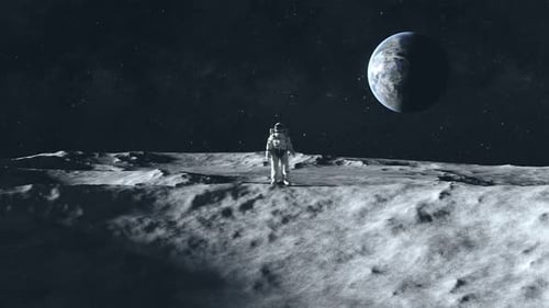 Astronaut on Moon Surface Gazing at Distant Earth and Stars