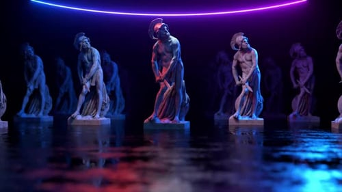 Neon Lit Classical Statues on Wet Reflective Floor Background Loop