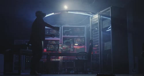 Man Using VR Headset in Futuristic Server Room