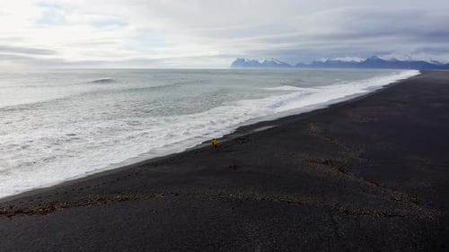 Drone Of Person Kneeling By Tide On Black Sand Beach