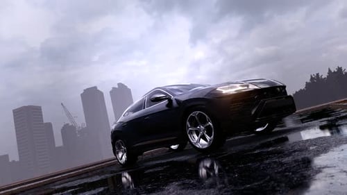 Black SUV Off-Road Vehicle in Rainfall Street