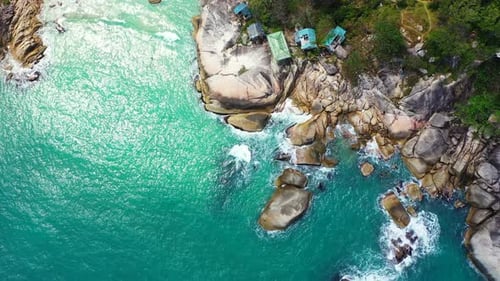 Beautiful drone copy space shot of a sandy white paradise beach and blue sea background in 4K