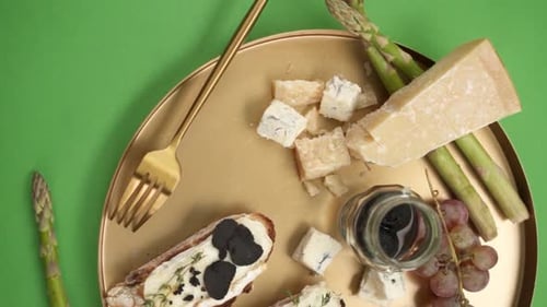 Cheese and Grapes on Gold Tray Overhead