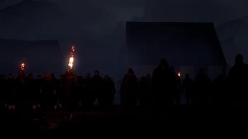 Dark Procession of Hooded Figures with Torches