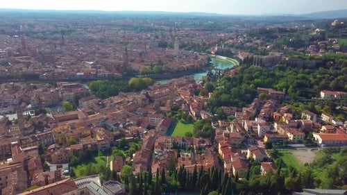 Verona, Italy. Aerial View of Famous Touristic City Verona in Italy at Sunset. Bright Sky with