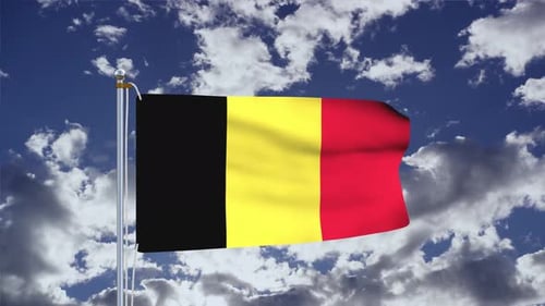 Realistic Waving Belgium Flag Flying Against a Cloudy Blue Sky