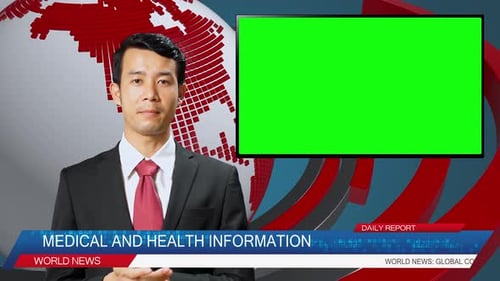 Presentador masculino asiático informando sobre medicina y salud, programa de historia en vídeo con pantalla verde
