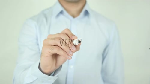 Person Writes Virus with Marker on Transparent Surface