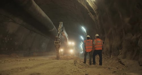 Construction workers supervising heavy machinery during tunnel construction work