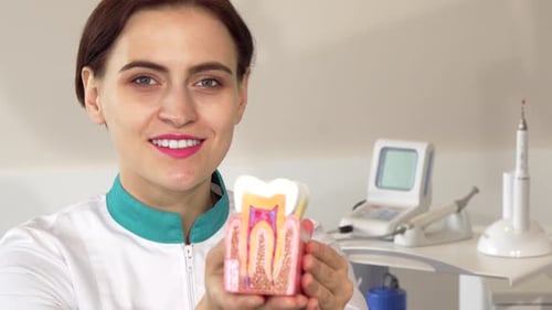Dentist Holds Tooth Model in Bright Office