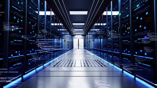 Cámara en movimiento a través de servidores en rack en el centro de datos Almacenamiento de grandes datos. Red de Internet moderna