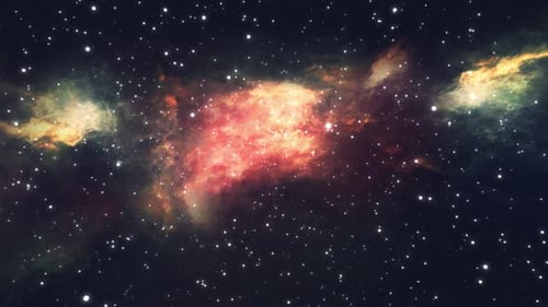 Camera flying through the clouds and star field in outer space