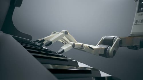 Futuristic Robot Hand Plays Piano Keys with Artificial Intelligence