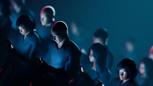 People hypnotized by their mobiles walk in the dark. Zombie walk. Mind control