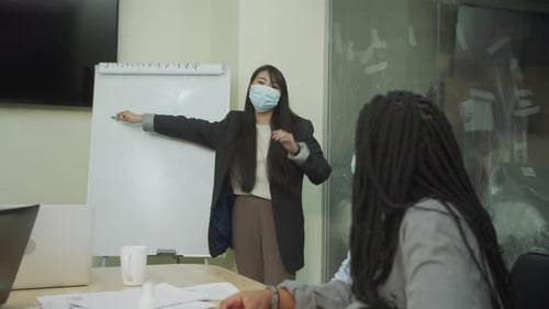 Adults in a Meeting with Presentation and Masks