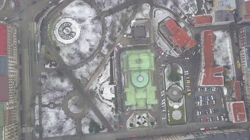 AERIAL: Opera Krakowska in Krakow, Poland in Winter, Snow