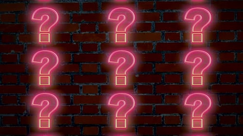 Computer effect showing endless loop of neon blinking question marks on brick wall surface