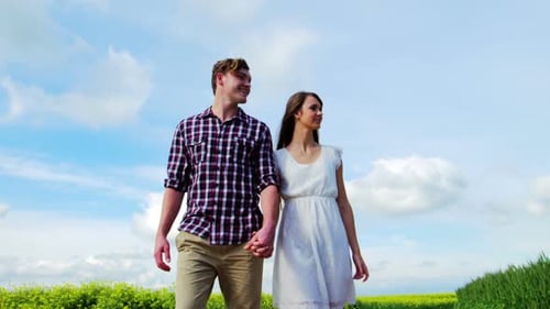 Couple romantique se tenant la main en marchant dans le champ