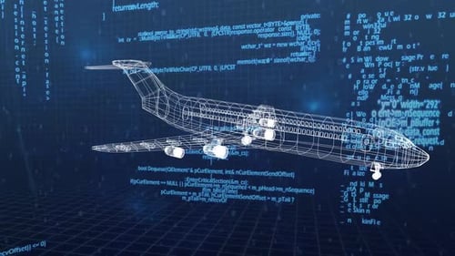 Futuristic Wireframe Airplane Model in Digital Technology Grid
