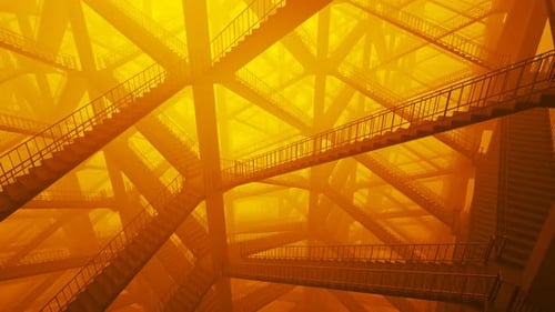 Colorful stair maze in an endless loop. Bright orange light and foggy atmosphere
