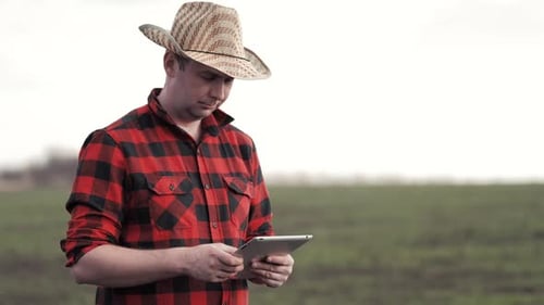 Farmer Using Tablet in Field on Overcast Day