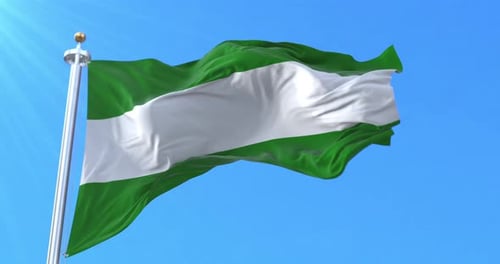 Realistic Green And White Flag Waving In Blue Sky