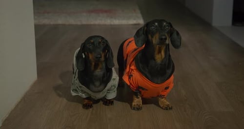 Two Cute Dachshunds Wearing Dog Clothes