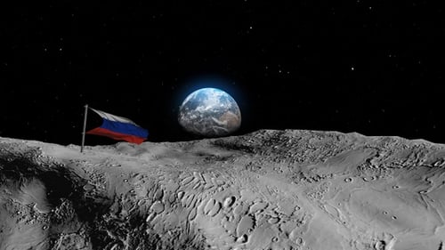 Russian Flag on Moon with Distant Earth in Space